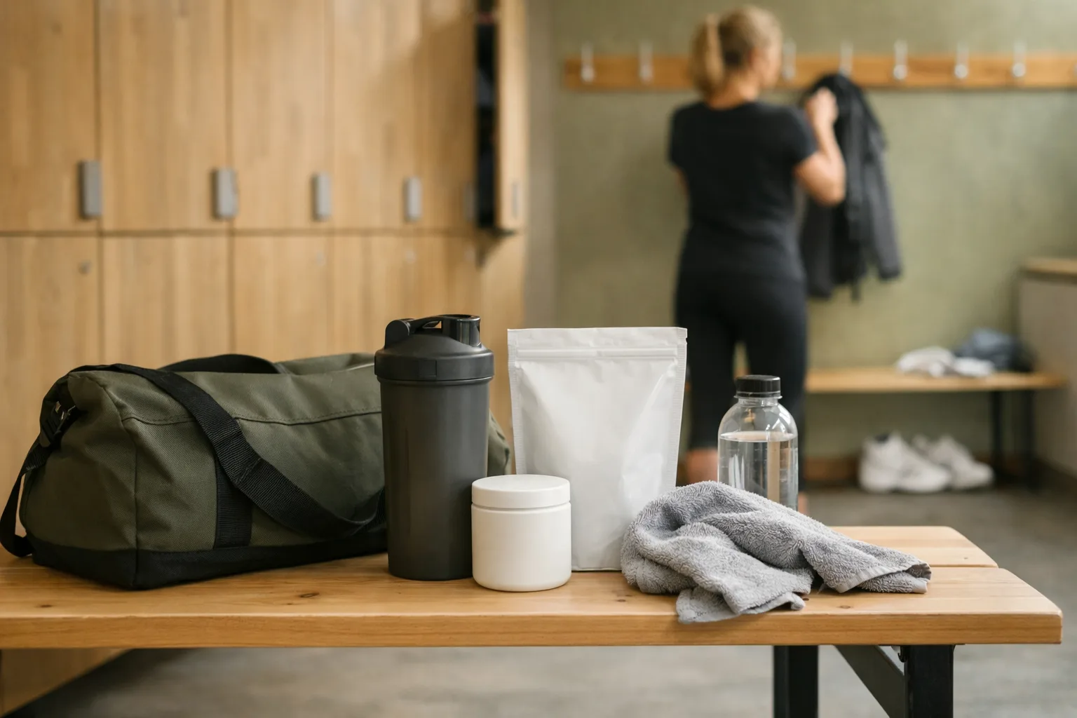 ett ljust svenskt gym med träningsbag, vattenflaska och handduk på en bänk, mjukt ljus