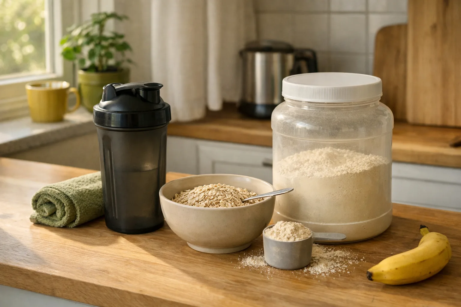 en köksbänk med en shaker, en skål havregryn och en omärkt plastburk med pulver, morgonljus