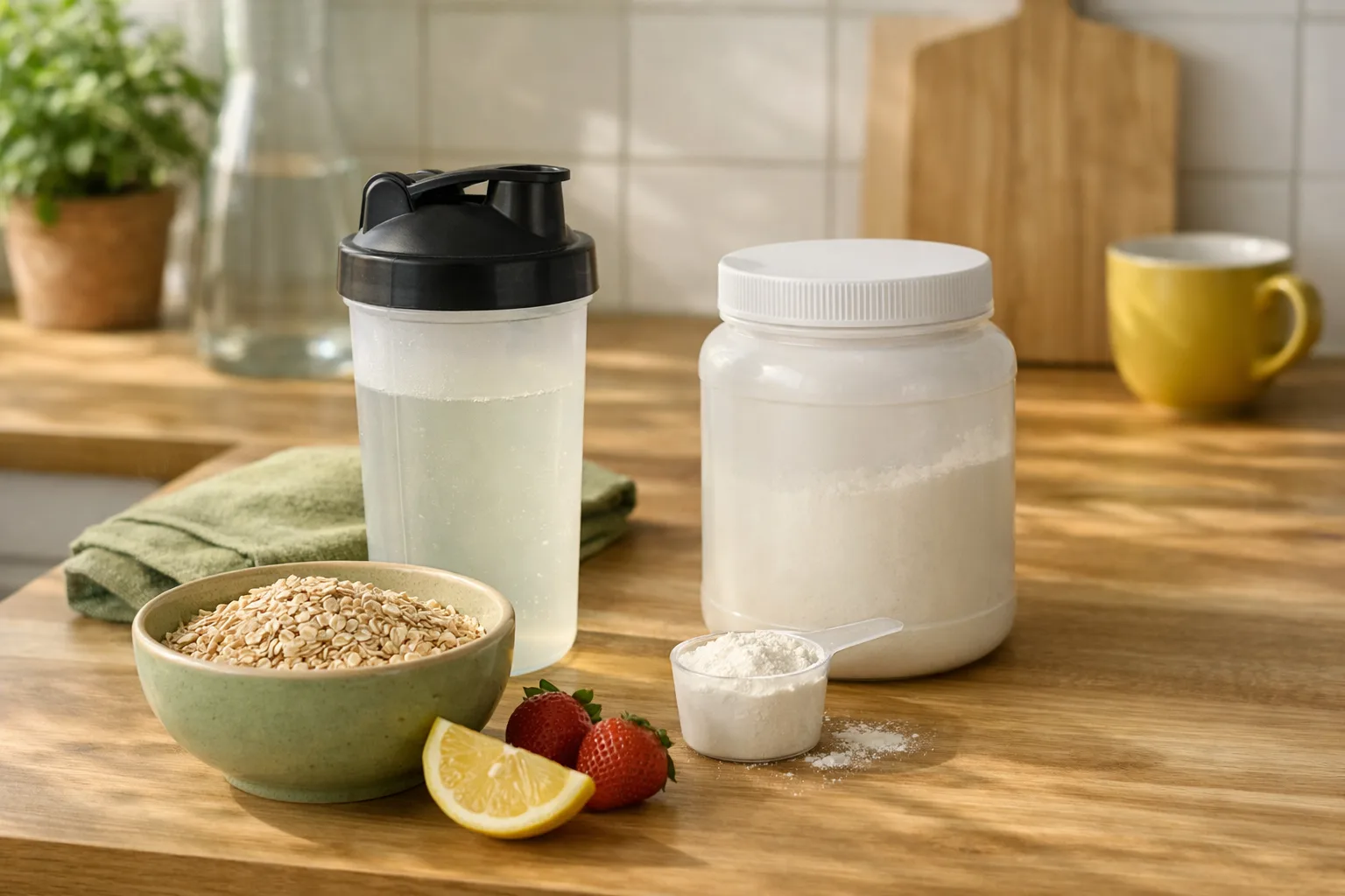 en shaker med klar dryck, en burk proteinpulver, en skål havregryn och en citronklyfta på en köksbänk