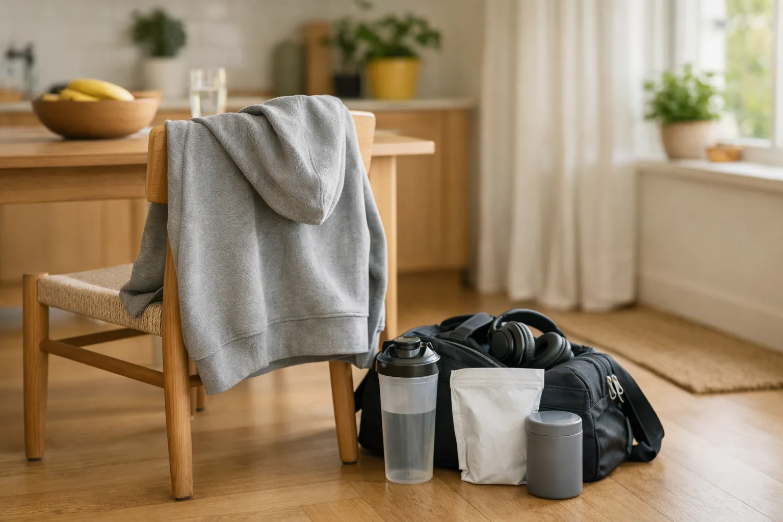 en omärkt grå hoodie över ryggstödet på en stol bredvid en träningsbag, ljust hem