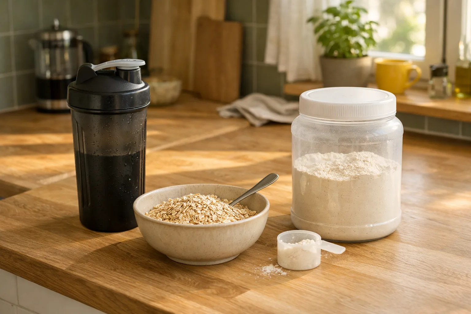 en köksbänk med en shaker, en skål havregryn och en omärkt plastburk med pulver, morgonljus