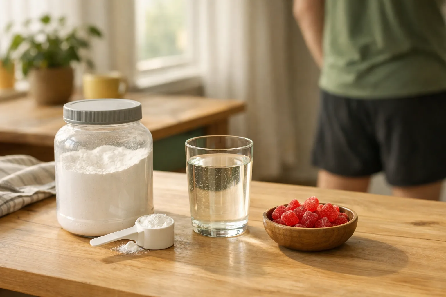 ett köksbord med en glasbehållare med vitt pulver, en mätsked och ett glas vatten, morgonljus