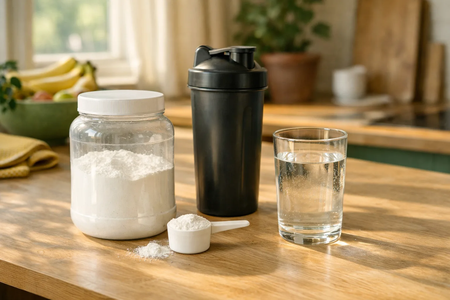 Burk med vitt kreatinpulver, en mätsked och ett glas vatten på ett köksbord