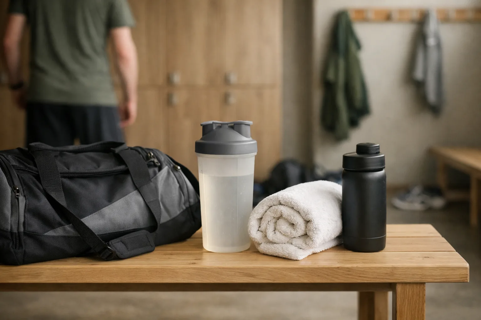 ett gym före passet: handduk, vattenflaska och träningsbag på en bänk, mjukt ljus
