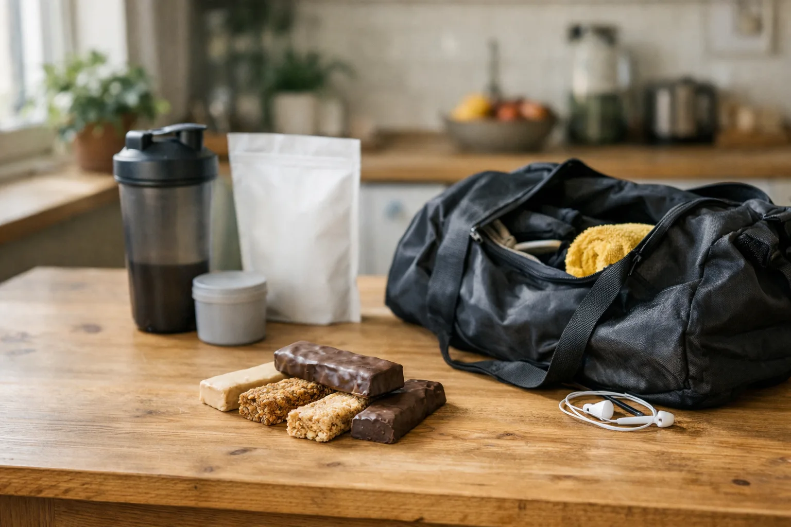 ett träbord med några omärkta proteinbars och en tom träningsbag, mjukt dagsljus