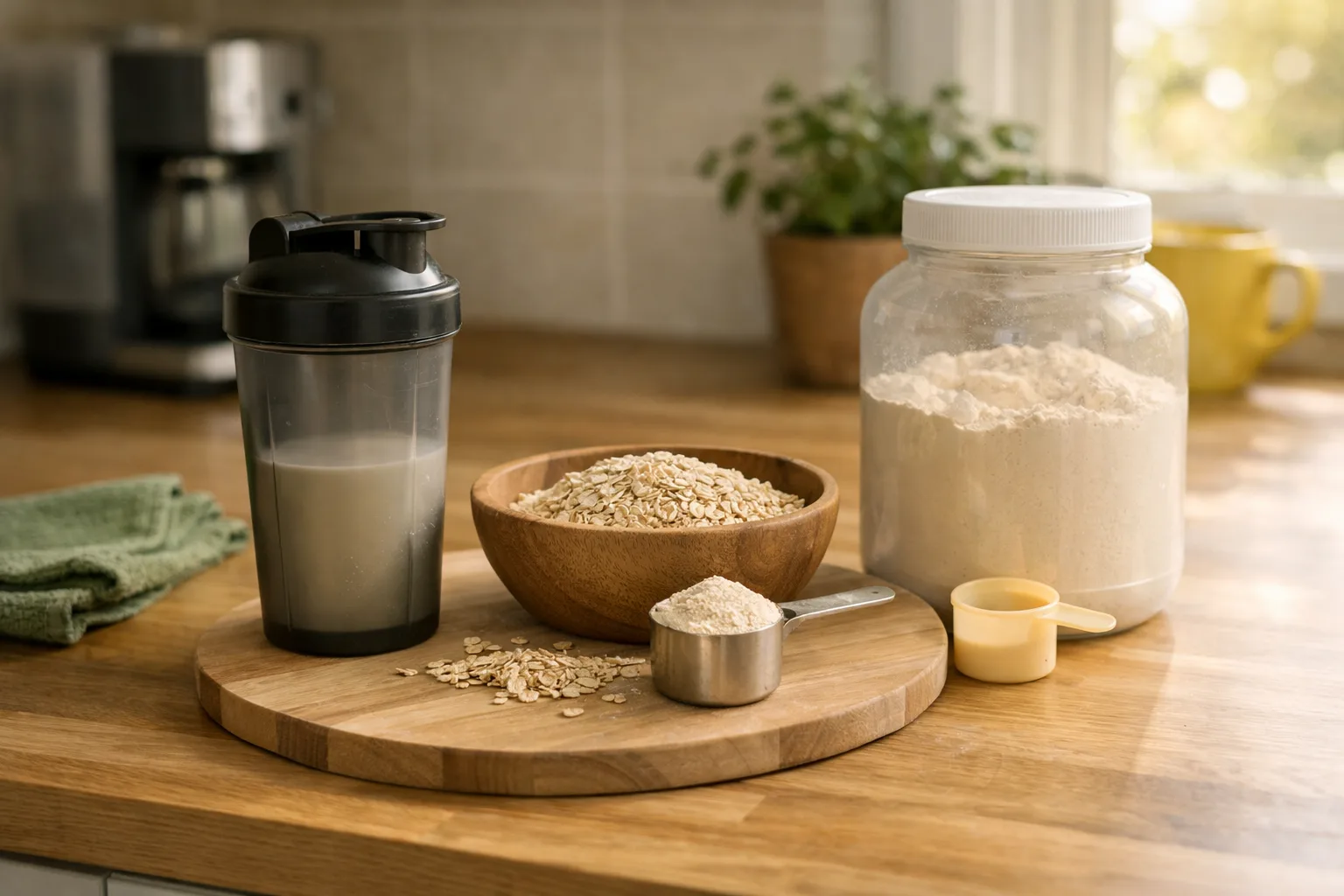en köksbänk med en shaker, en skål havregryn och en omärkt plastburk med pulver, morgonljus