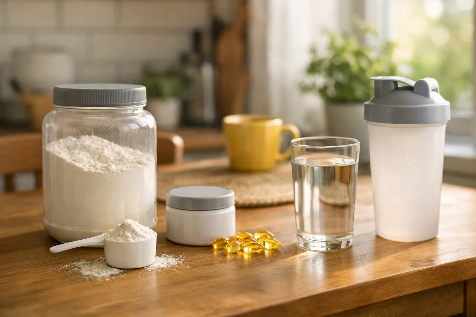 Glasburk med vitt pulver, en mätsked, ett glas vatten, gula kapslar och en shaker på ett köksbord