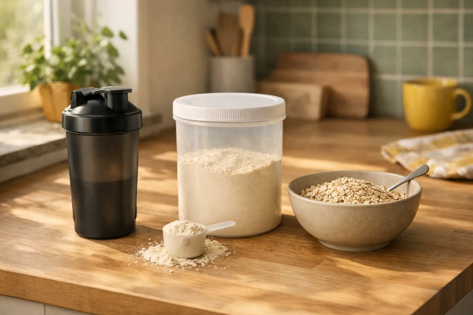 Shaker, burk med proteinpulver, en mätsked med pulver och en skål havregryn på en köksbänk