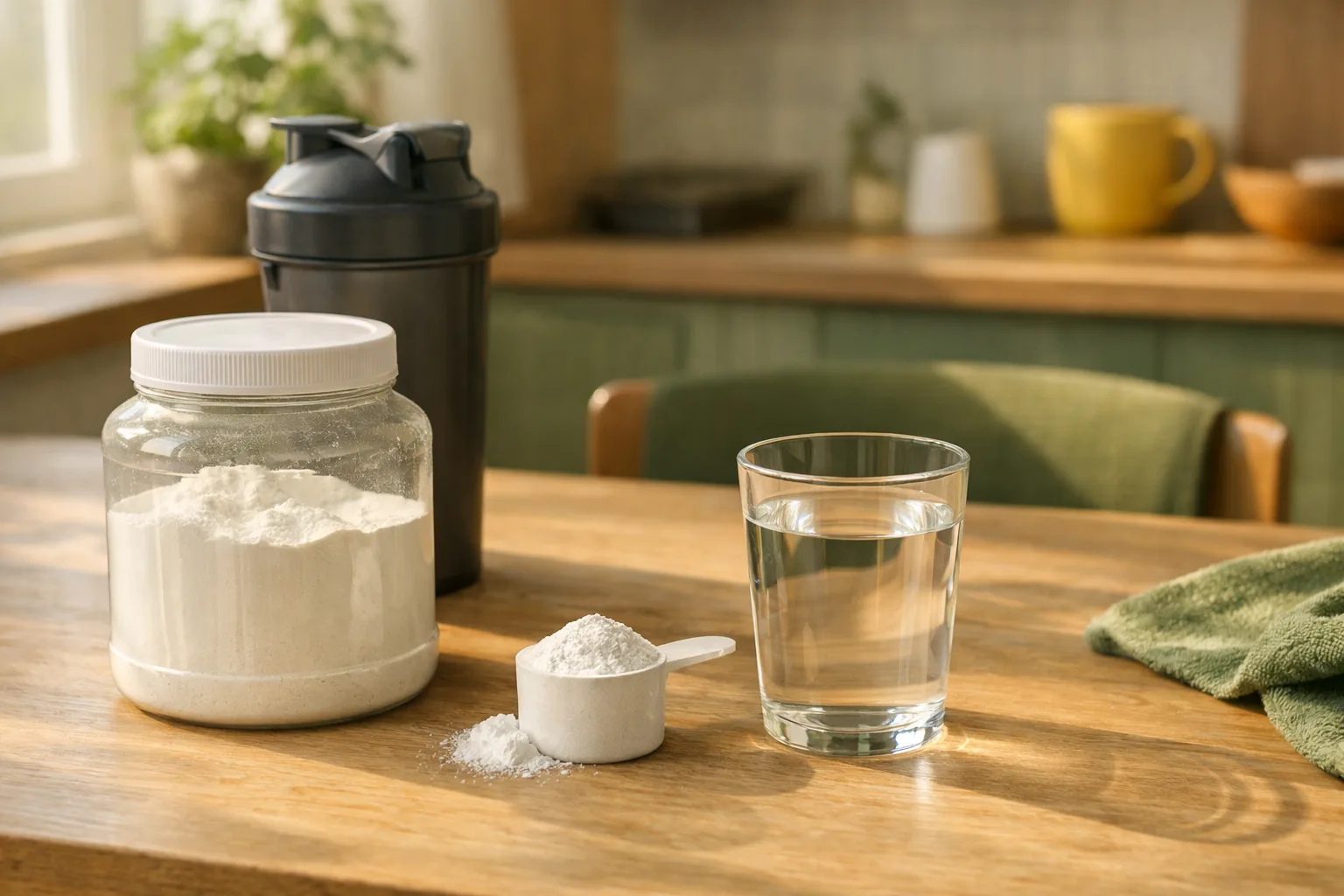 Glasburk med vitt pulver, en mätsked och ett glas vatten på ett köksbord i morgonljus