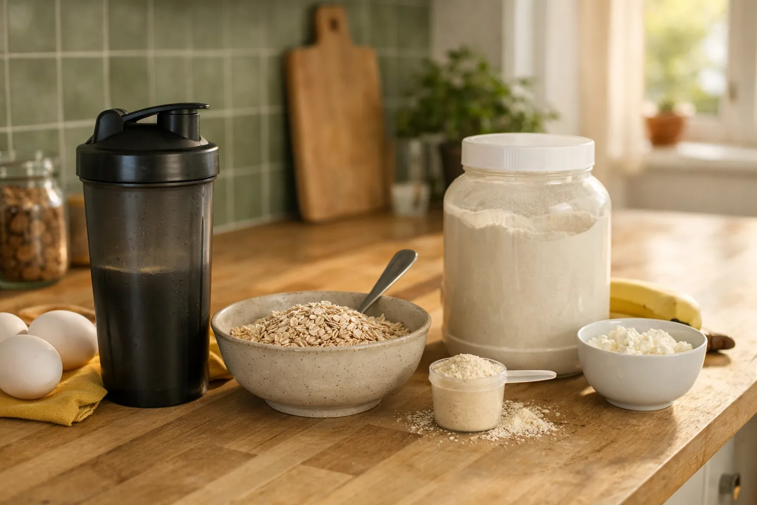 Shaker, burk med proteinpulver, havregryn, ägg och en skål med cottage cheese på en köksbänk
