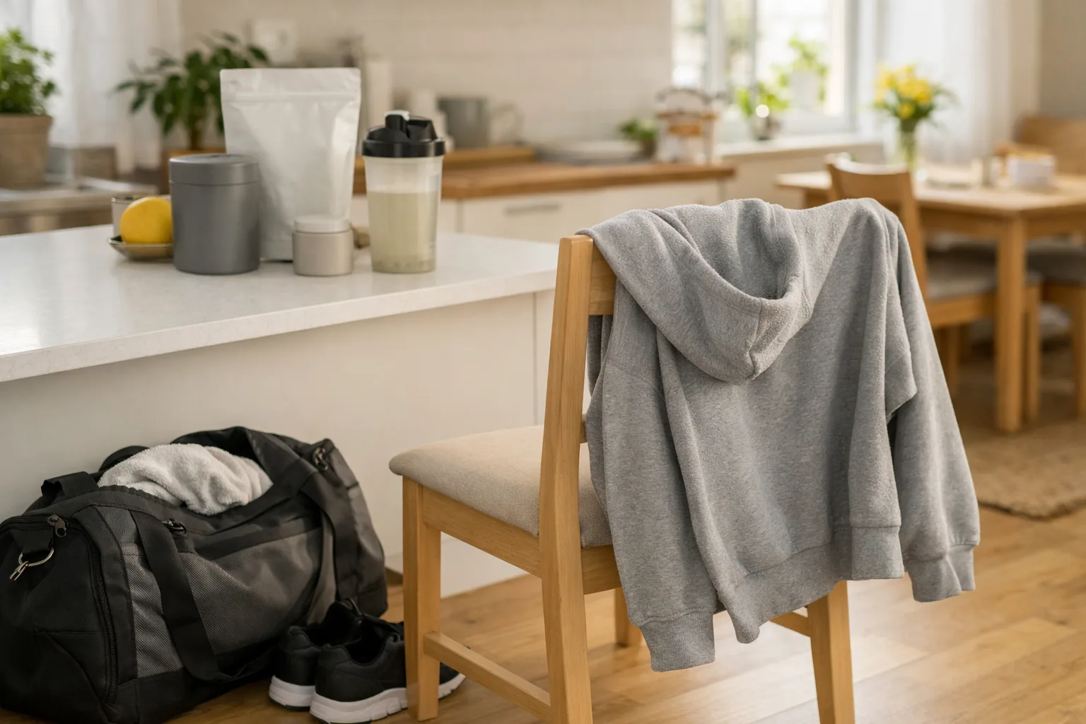 en omärkt grå hoodie över ryggstödet på en stol bredvid en träningsbag, ljust hem